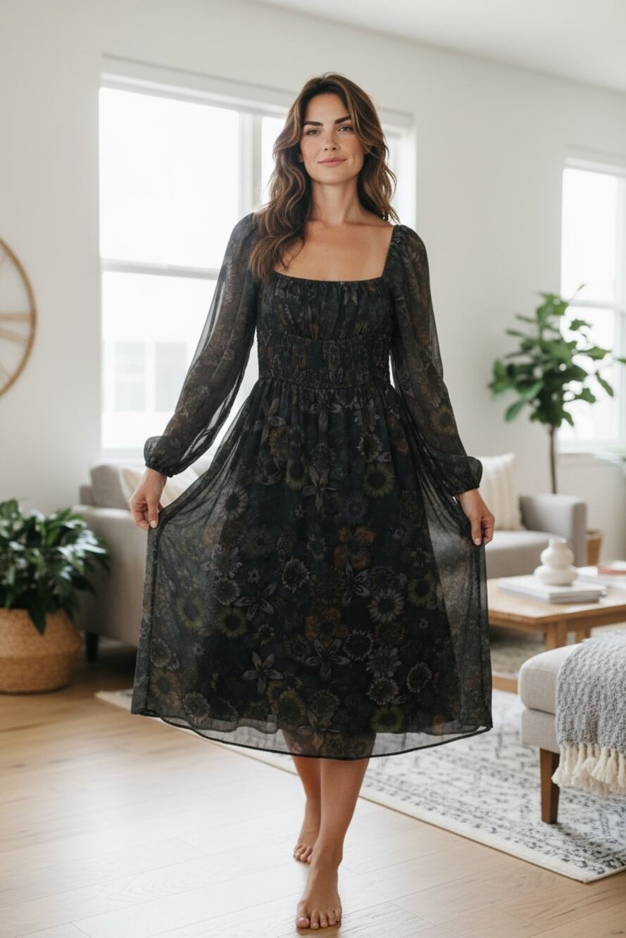 Slate and Willow Midi Dress Green Floral Smock NEW Puff Sheer Size Large